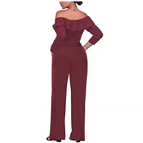 Women's Ruffled Overlay Off Shoulder Wide Leg Long Sleeves Jumpsuit with Belt L - Picture 2 of 6